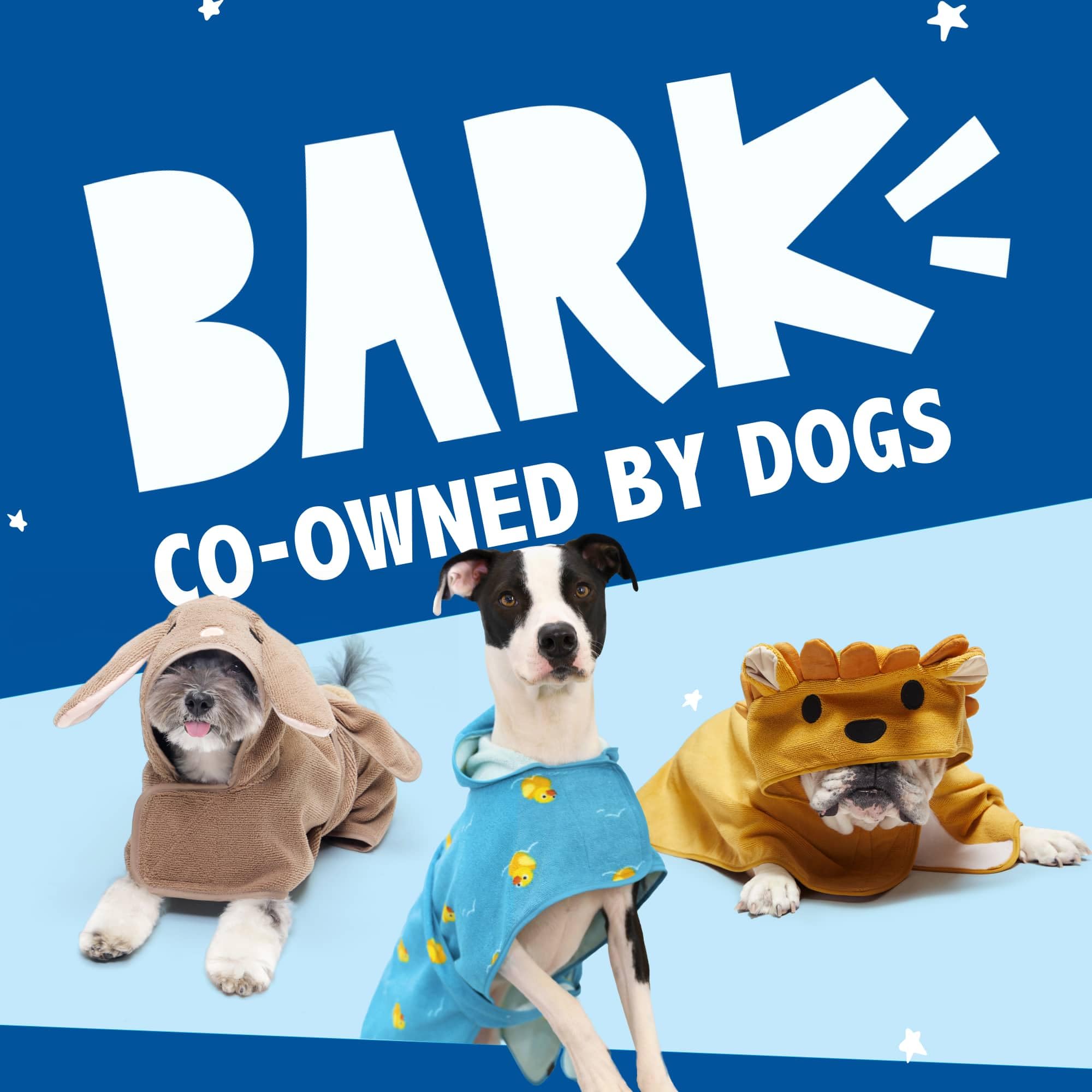 BARKBOX Dog Bathrobe shown to illustrate its large fit.