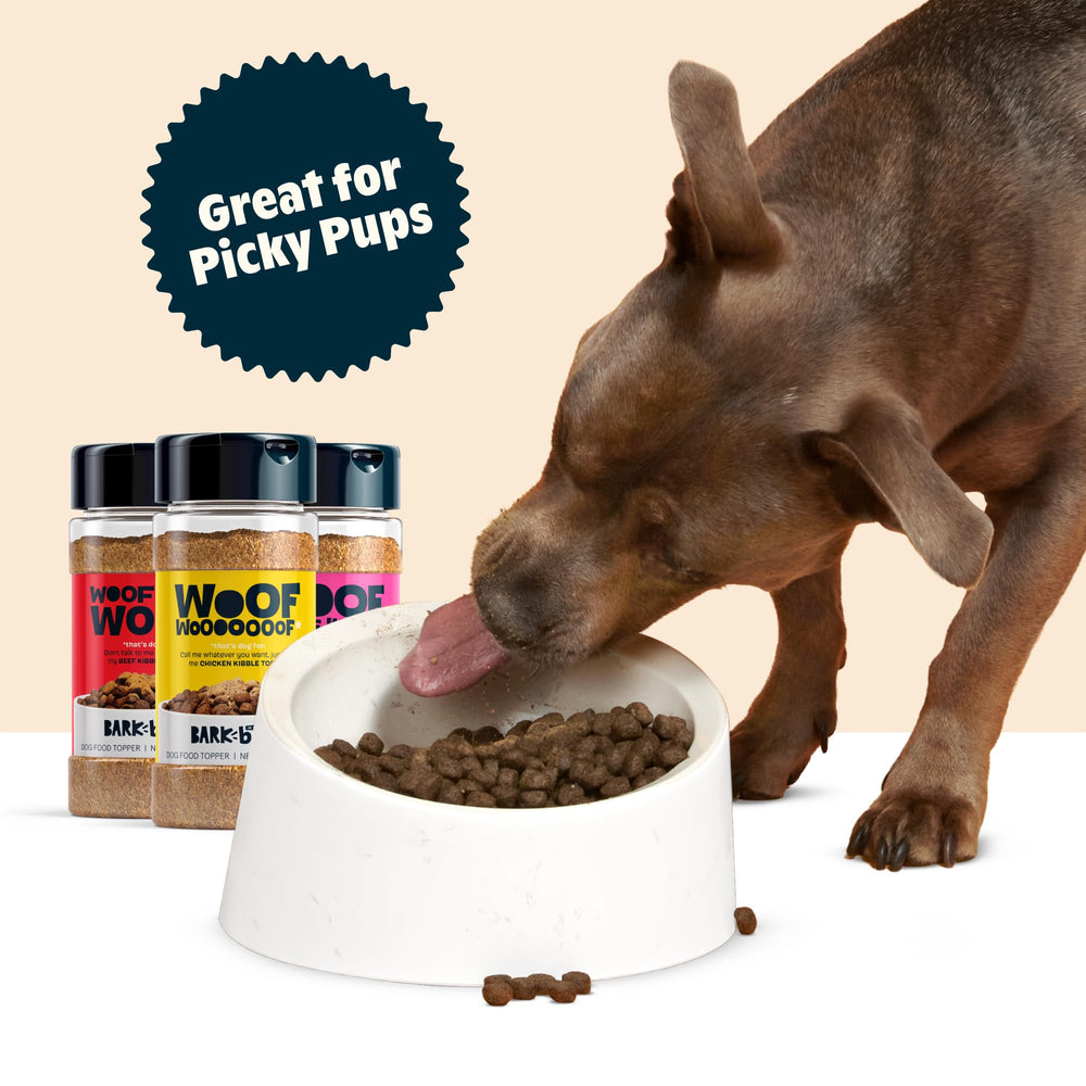 BarkBox dog treat topper flakes sprinkled over dog food.