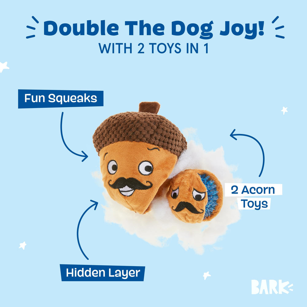 BarkBox Monsieur Acorn plush dog toy with its textured exterior in close-up.
