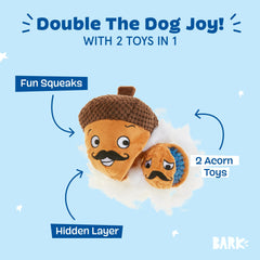 BarkBox Monsieur Acorn plush dog toy with its textured exterior in close-up.