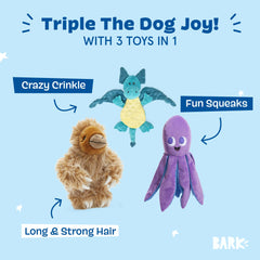 BarkBox plush dog toy Gordon the Sloth with its long-haired plush design.