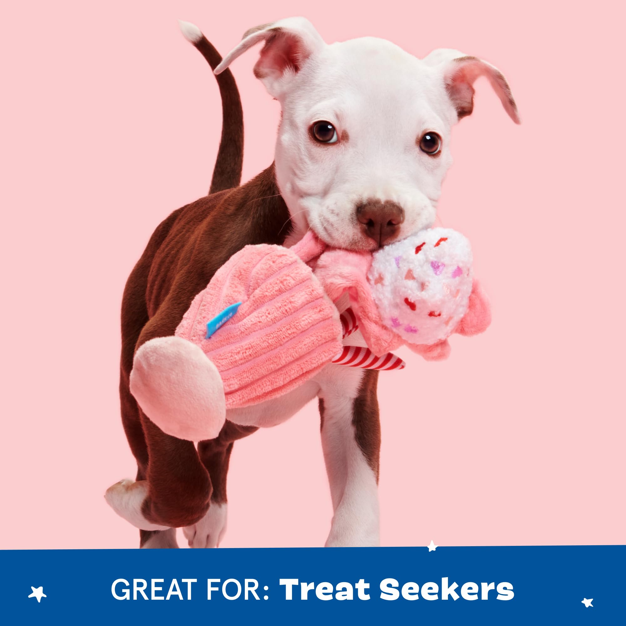 BarkBox Red Whine Milkshake plush dog toy highlighting the internal disc squeaker.