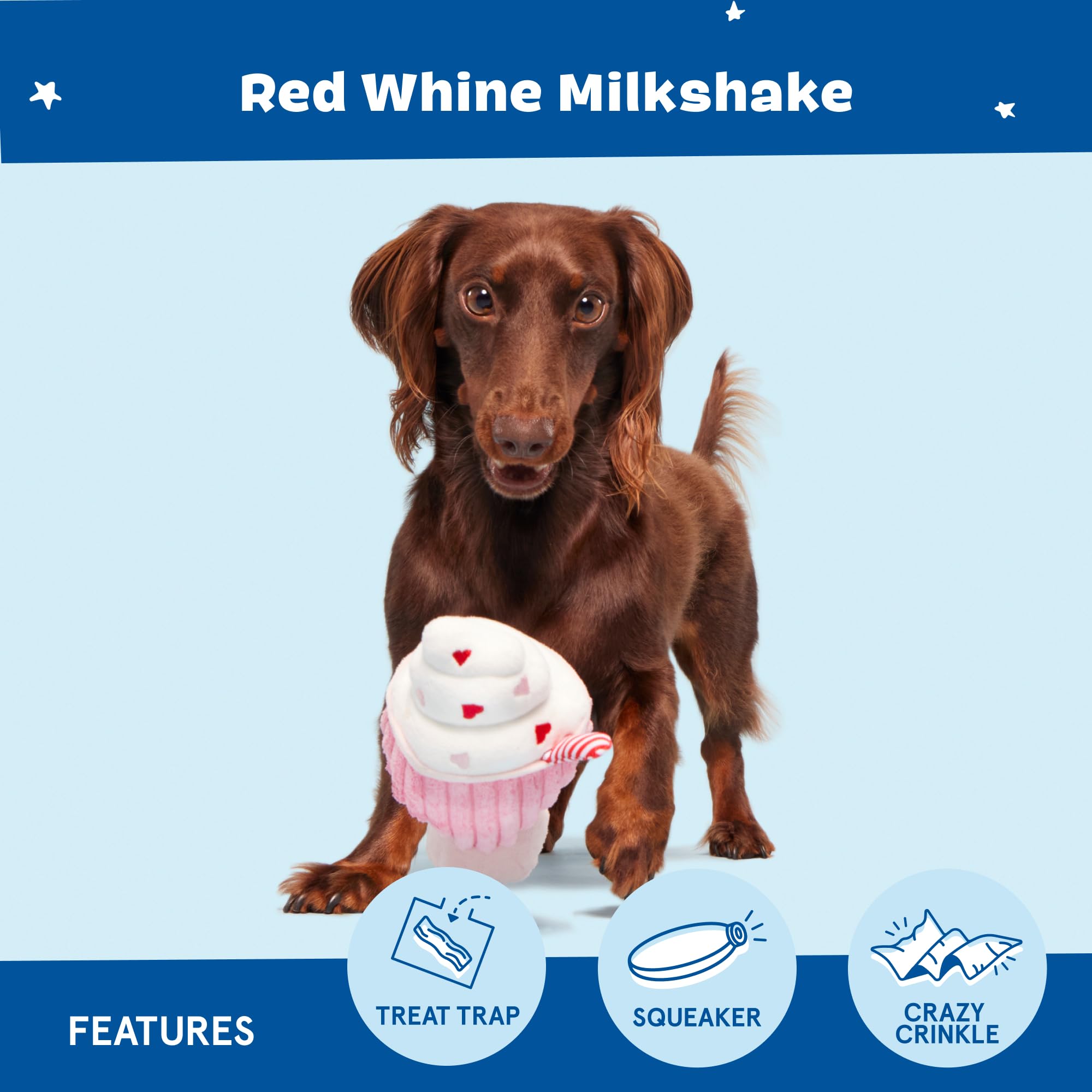 BarkBox Red Whine Milkshake plush dog toy with its hidden treat pocket.