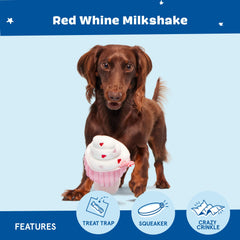BarkBox Red Whine Milkshake plush dog toy with its hidden treat pocket.