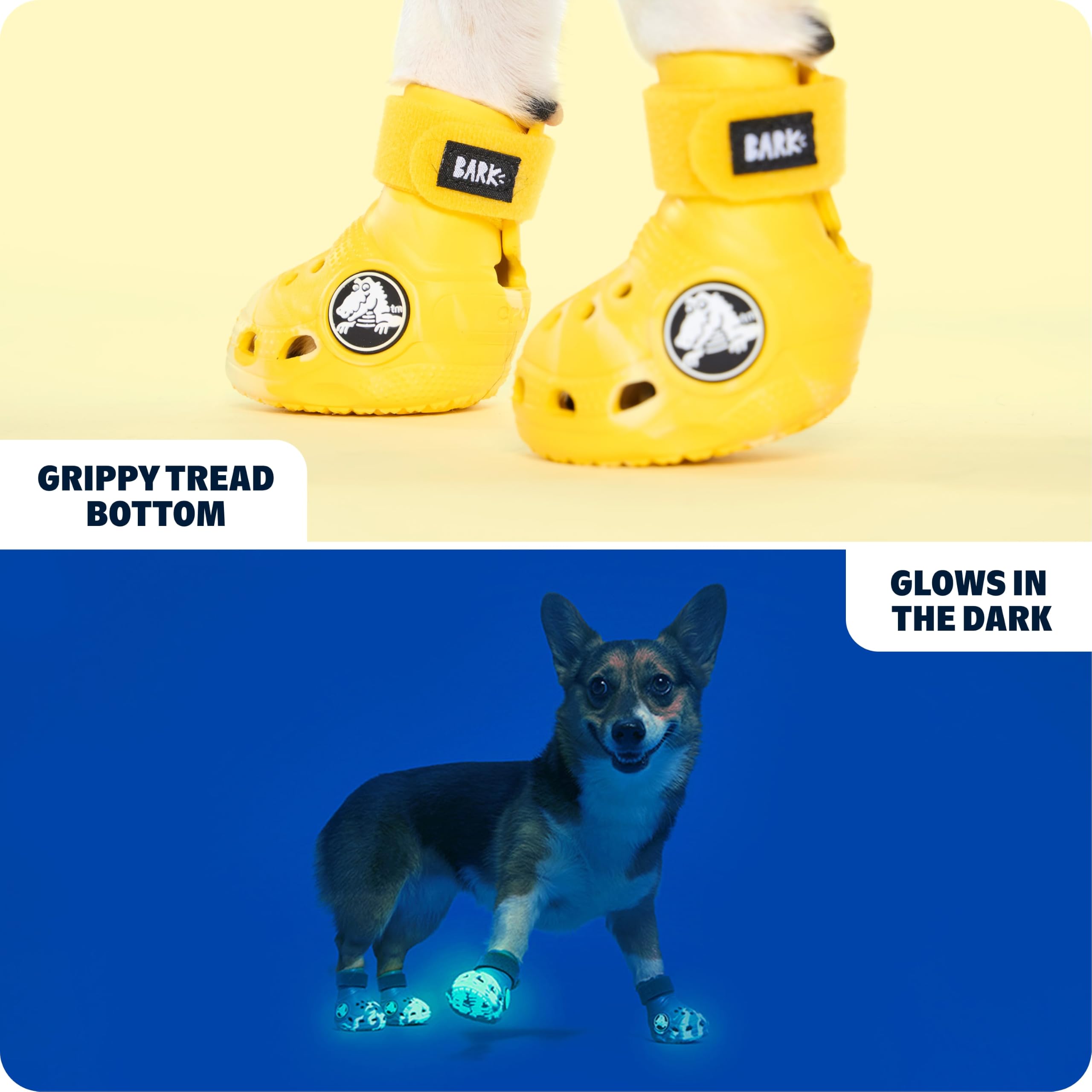 BARKBOX Yellow Crocs Dog Shoes showing the adjustable strap.