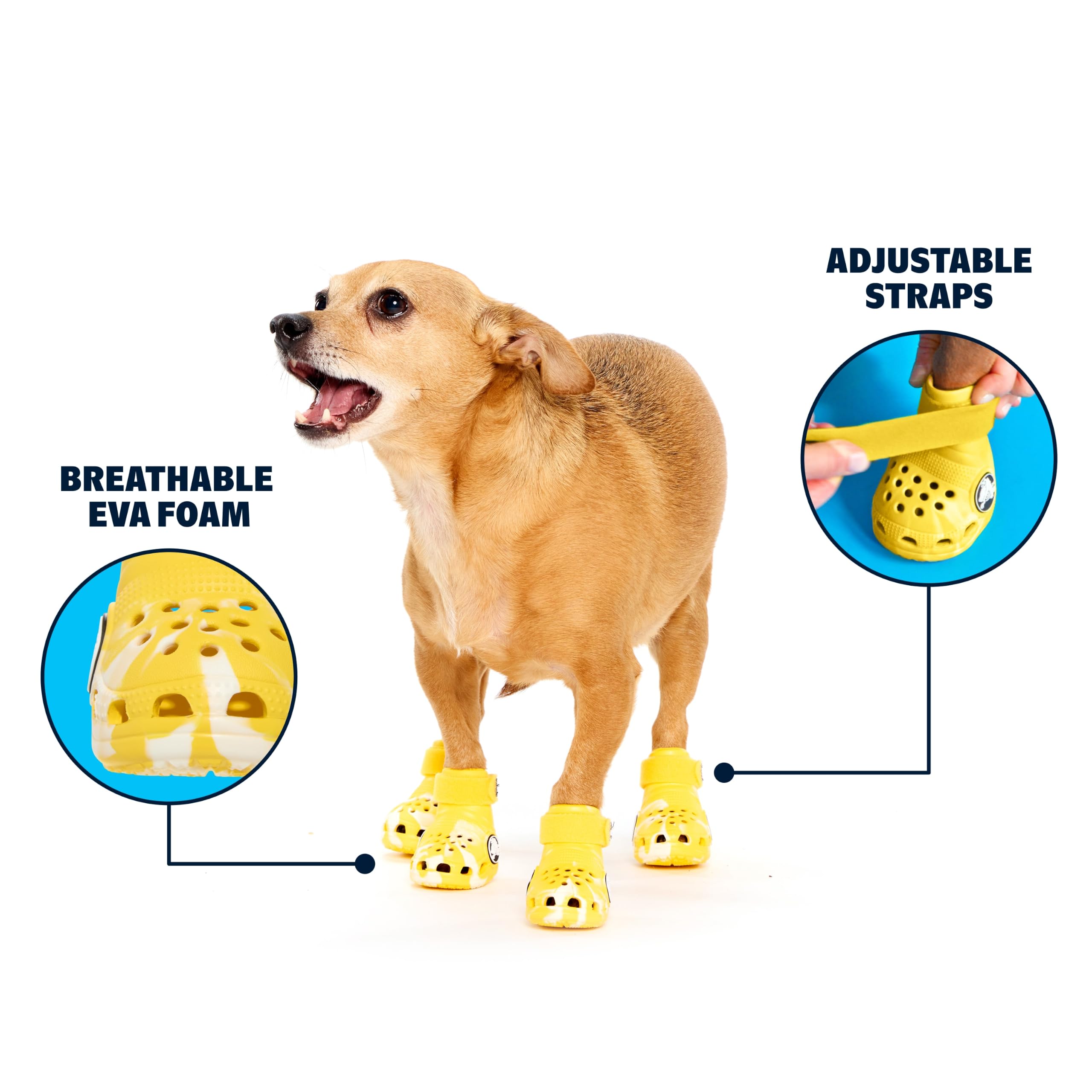 BARKBOX Yellow Crocs Dog Shoes showing the ventilation holes.