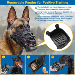 BARKLESS basket muzzle with its snap-on treat cup.