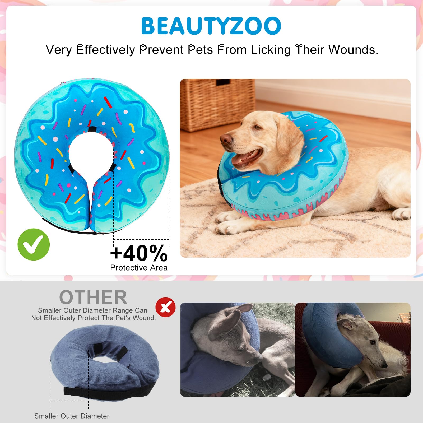 BEAUTYZOO dog donut collar showing its adjustable hook-and-loop closure.