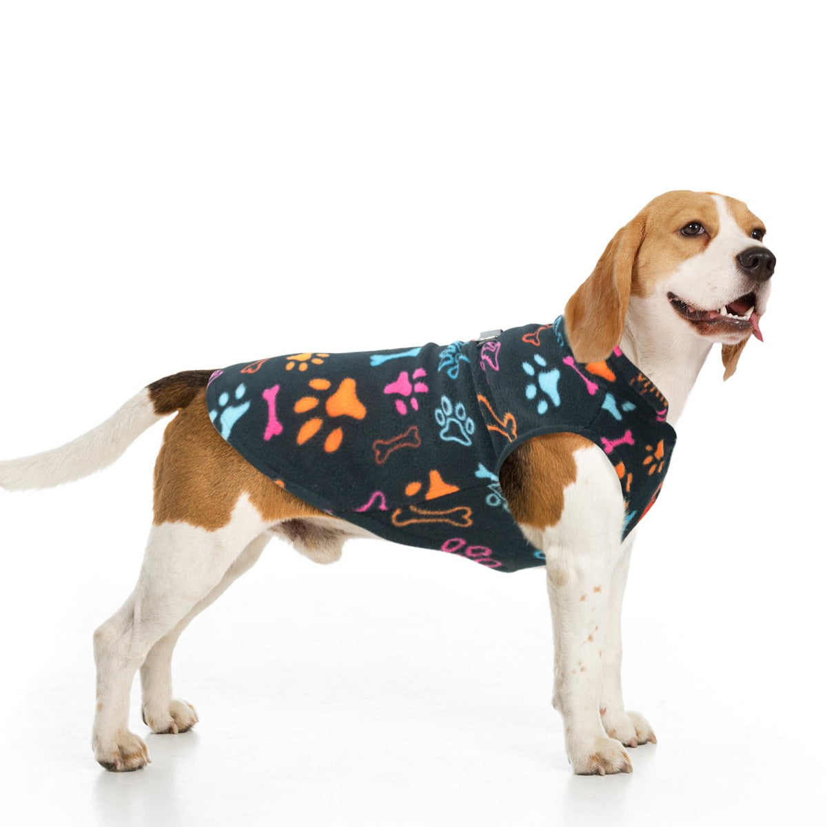 BEAUTYZOO dog fleece vest shown from the front in the Black Bones Paw pattern.