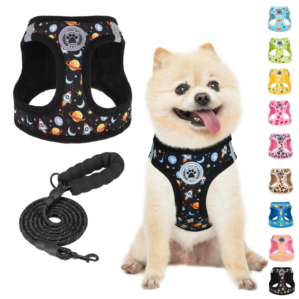 BEAUTYZOO dog harness and leash set shown from the front with its Planet pattern.