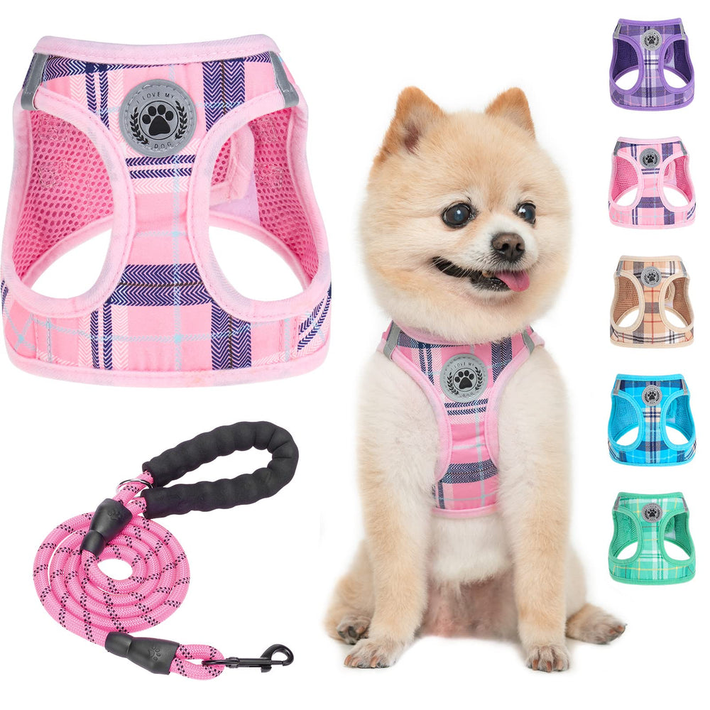 BEAUTYZOO dog harness and leash set shown from the front in pink plaid.