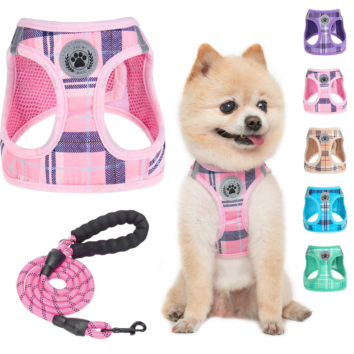 BEAUTYZOO dog harness and leash set shown from the front in pink plaid.