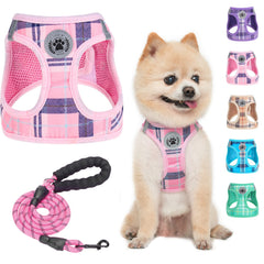 BEAUTYZOO dog harness and leash set shown from the front in pink plaid.