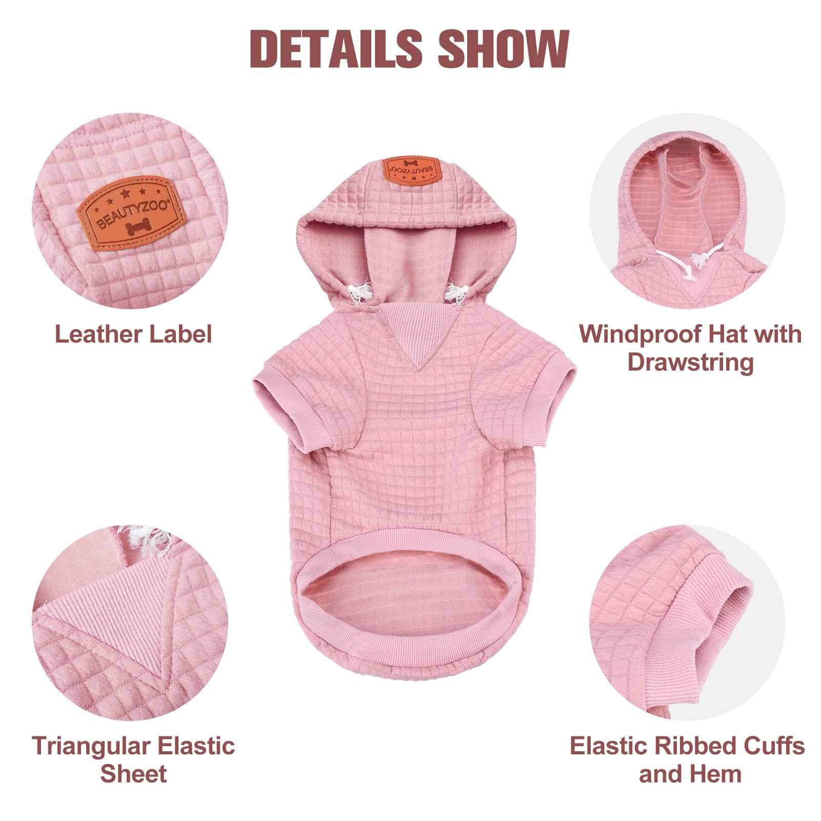 BEAUTYZOO dog hoodie detail showing its three-piece hood and adjustable drawstring.