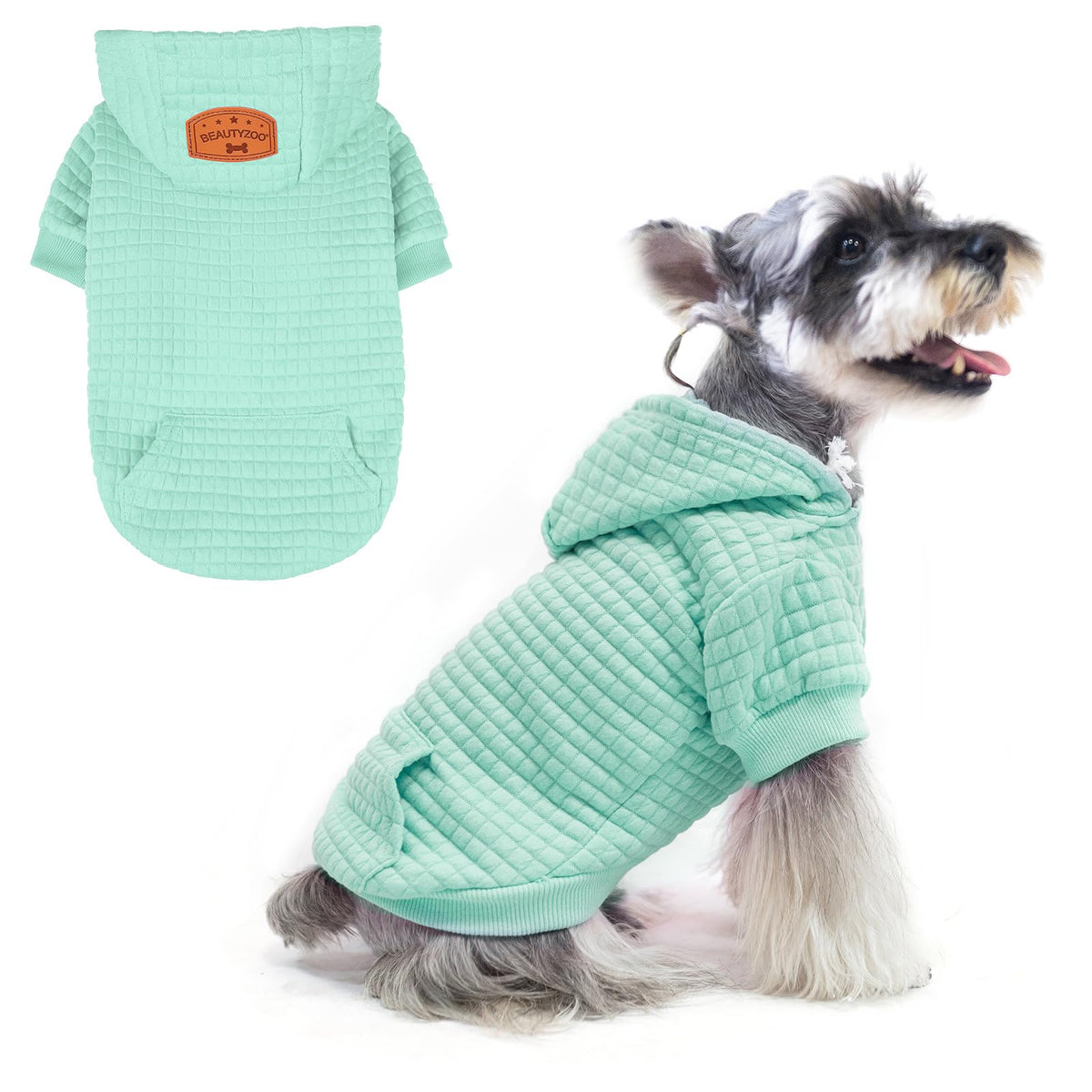 BEAUTYZOO dog hoodie shown from the front with its hood and long sleeves.