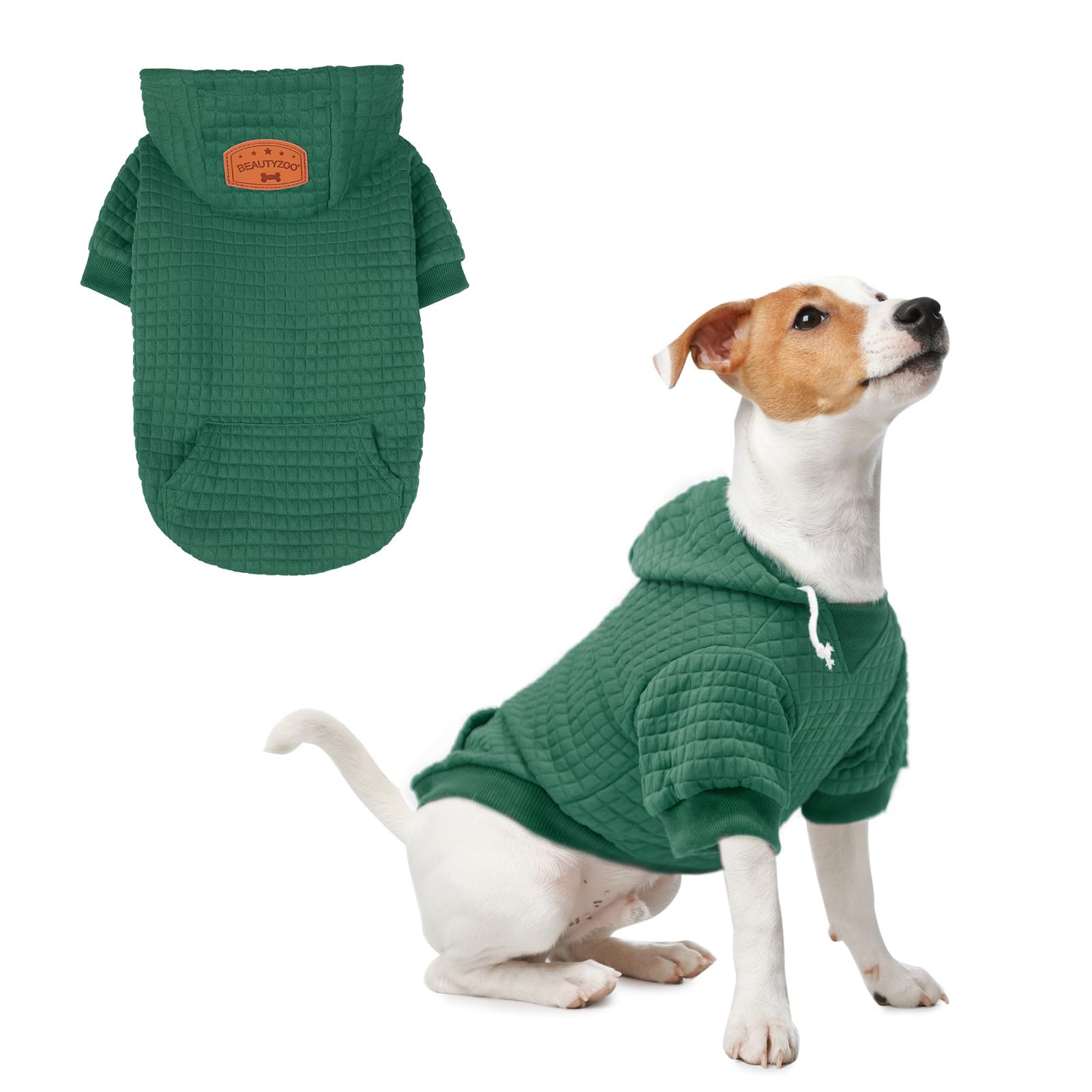 BEAUTYZOO dog hoodie shown from the front with its hood and long sleeves.