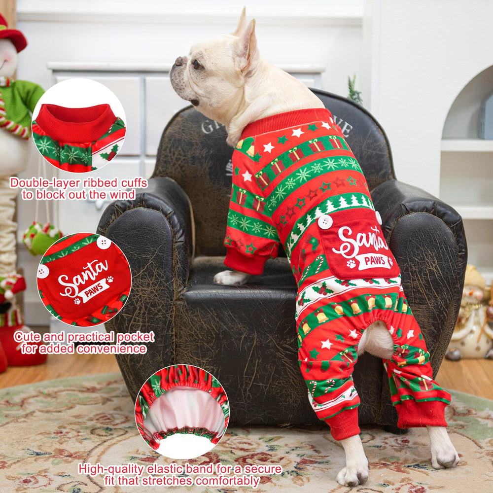 BEAUTYZOO Dog Christmas Pajamas with the elastic collar in view.