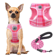 BEAUTYZOO small dog harness shown from the front in pink plaid.