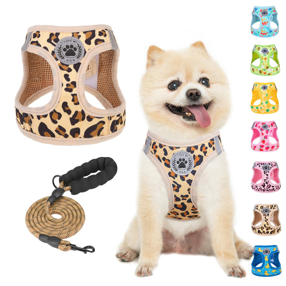 BEAUTYZOO small dog harness set shown from the front in khaki leopard pattern.