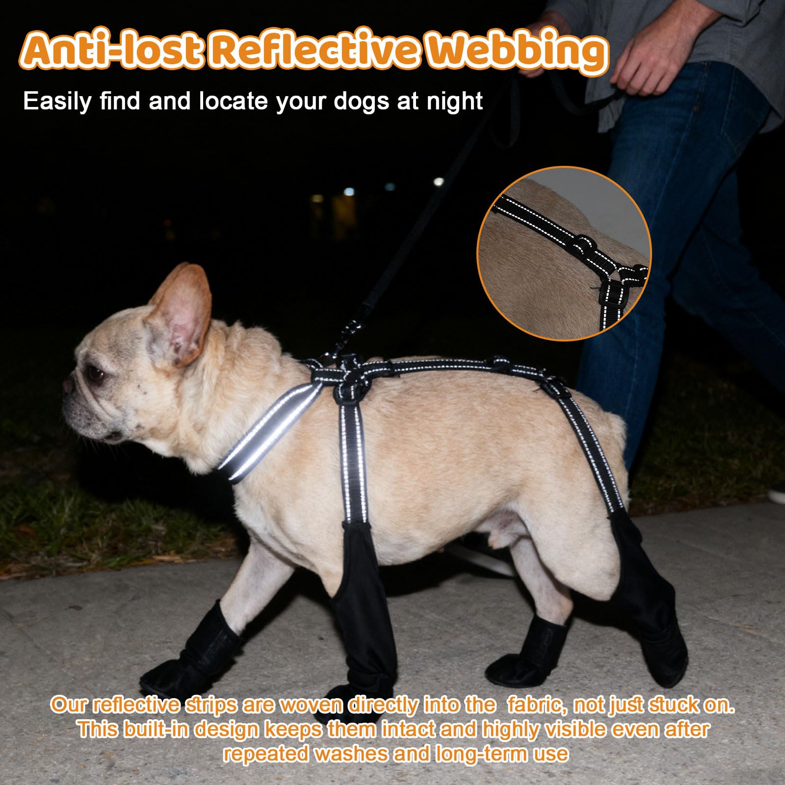 BECEMURU dog boots shown with the adjustable buckle and auxiliary strap.
