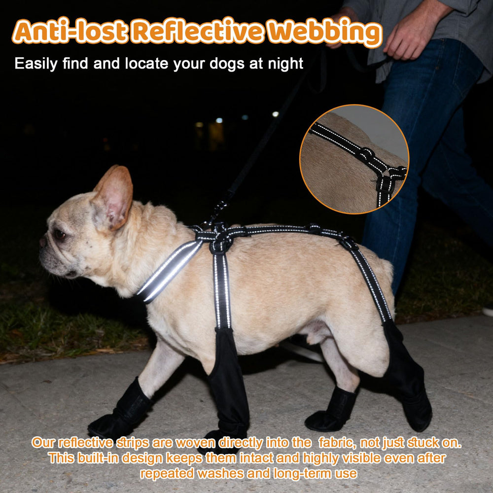 BECEMURU dog boots shown with the adjustable buckle and auxiliary strap.