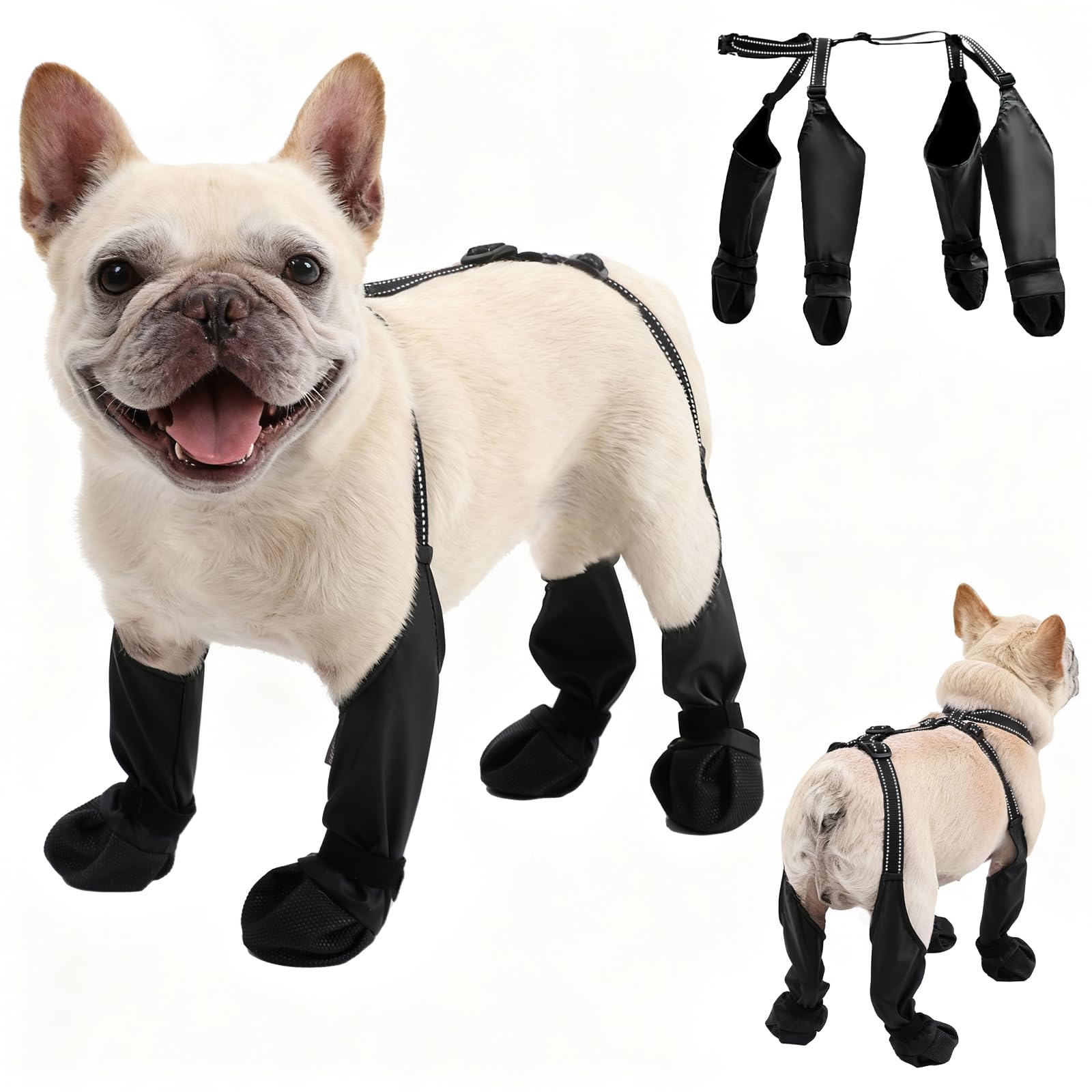 BECEMURU dog boots shown from the front as a pair of black paw protectors.