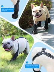 BECROWM dog boots showing the adjustable straps and Velcro closures.
