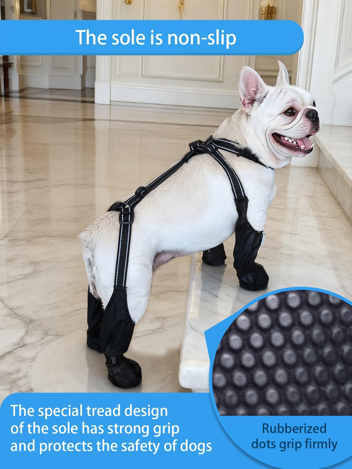 BECROWM dog boots with reflective strips shown in a close-up view.