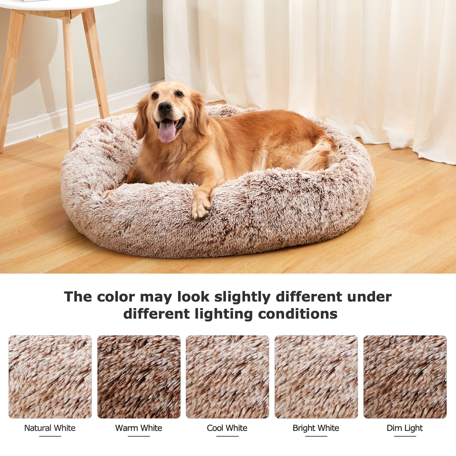 Bedfolks Calming Fluffy Donut Dog Bed shown in brown.
