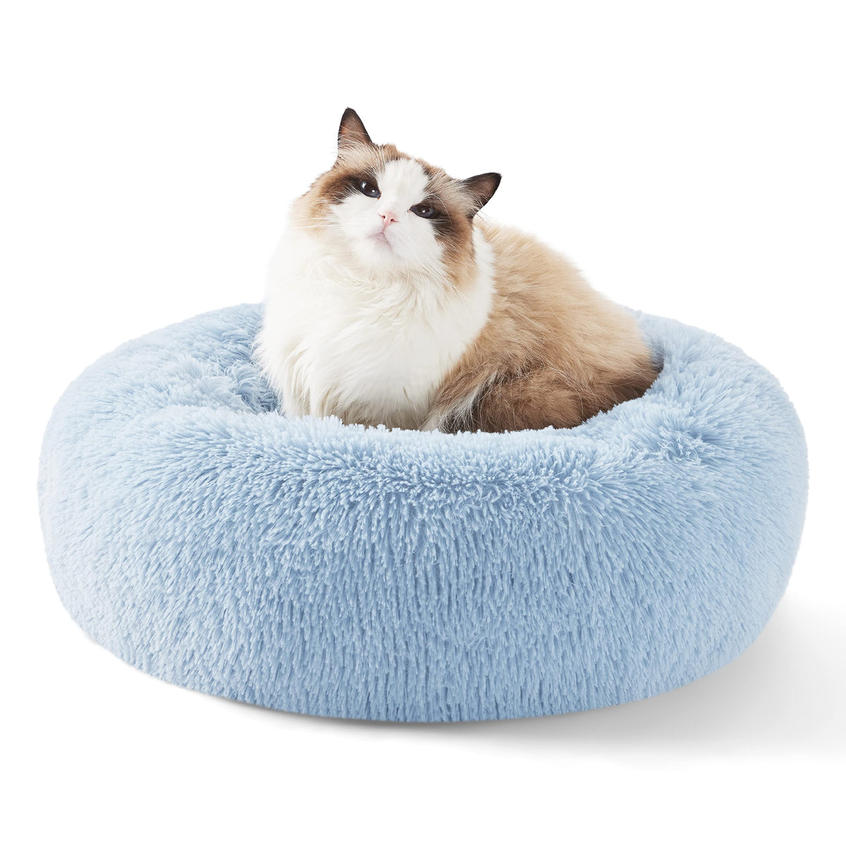 Bedsure calming cat bed shown from the front, displaying its round donut shape.