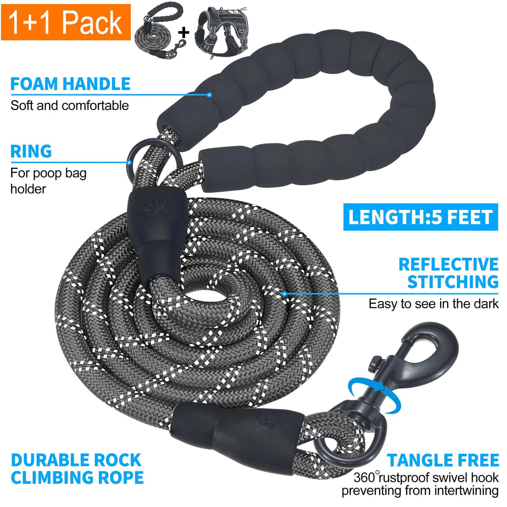 Beebiepet tactical dog harness shown with its leash and writable ID tag.