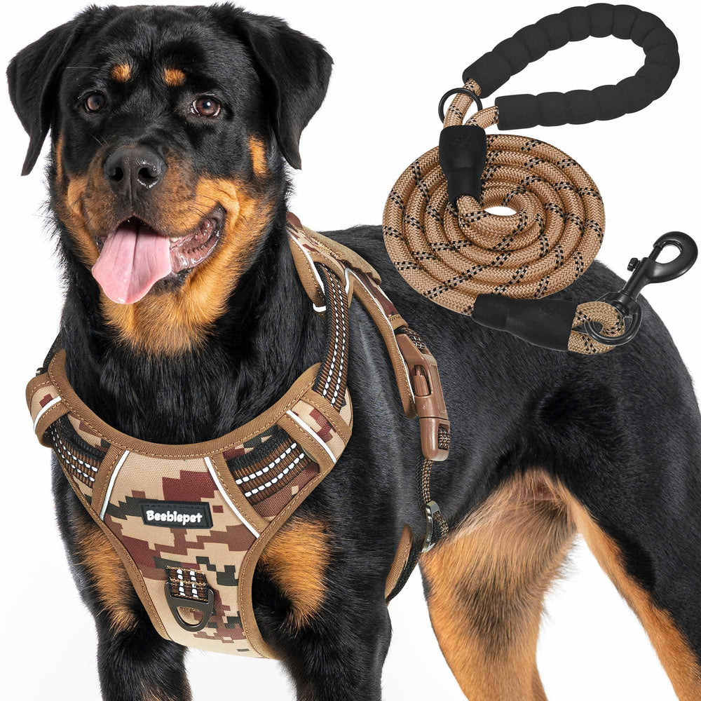 Beebiepet tactical dog harness shown from the front in desert camo.
