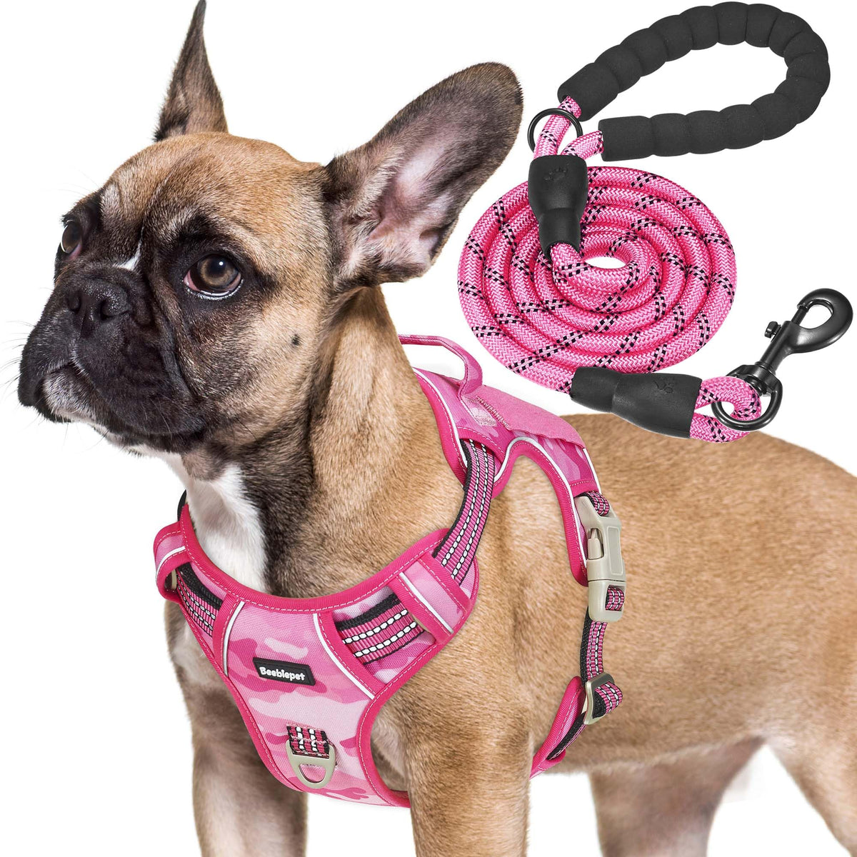 Beebiepet tactical dog harness shown from the front in small pink camo.