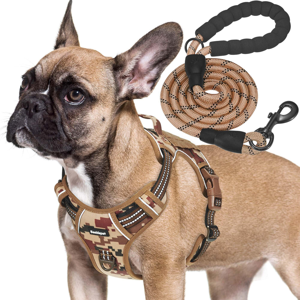 Beebiepet tactical dog harness shown from the front in desert camo.