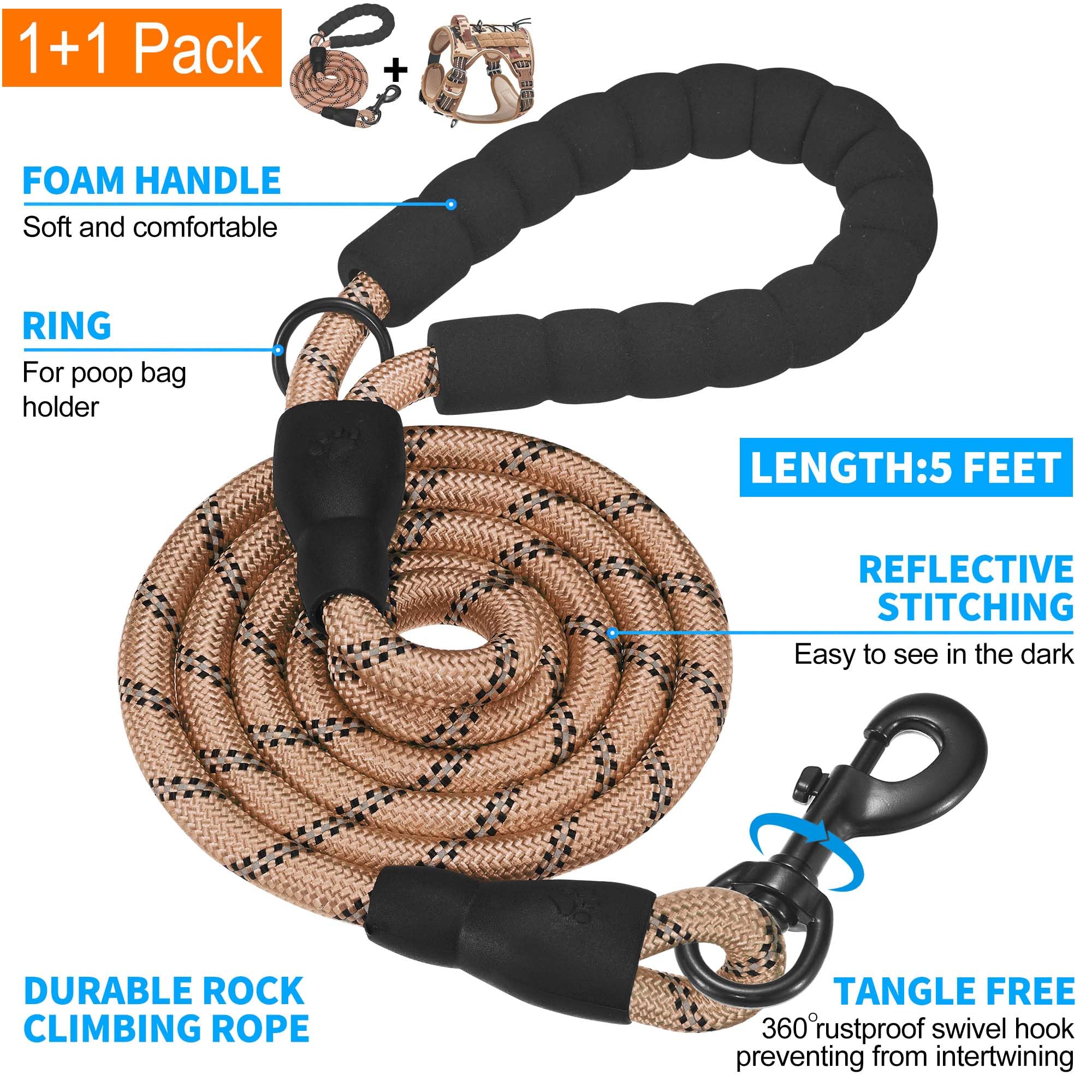 Beebiepet tactical dog harness pictured with the included dog leash.
