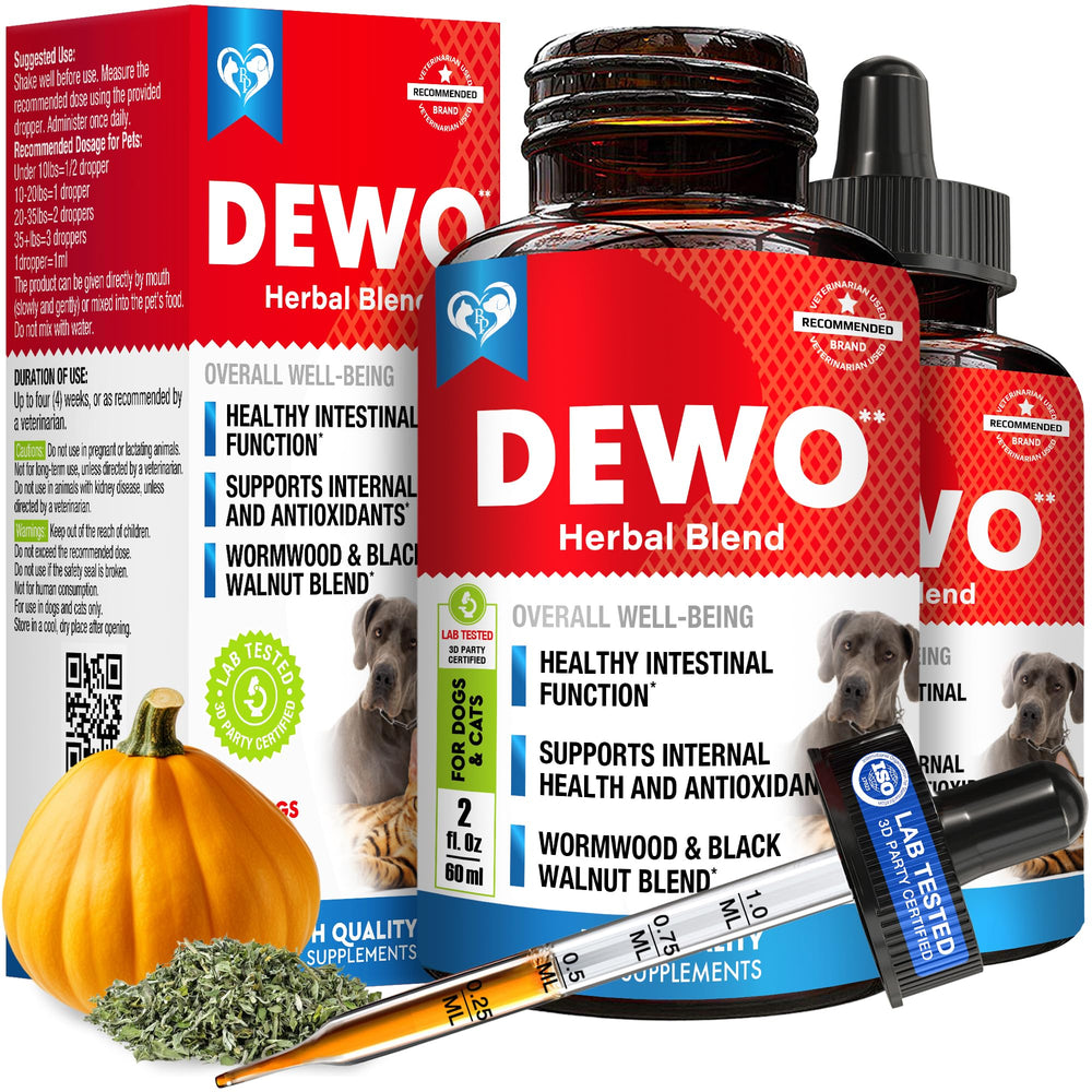 Beloved Pets herbal supplement bottle for supporting intestinal wellness in dogs and cats.