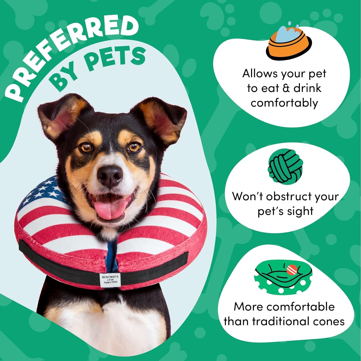 BENCMATE inflatable dog cone collar showing the adjustable hook-and-loop closure.