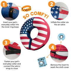 BENCMATE dog recovery collar close-up showing the Flag fabric option.