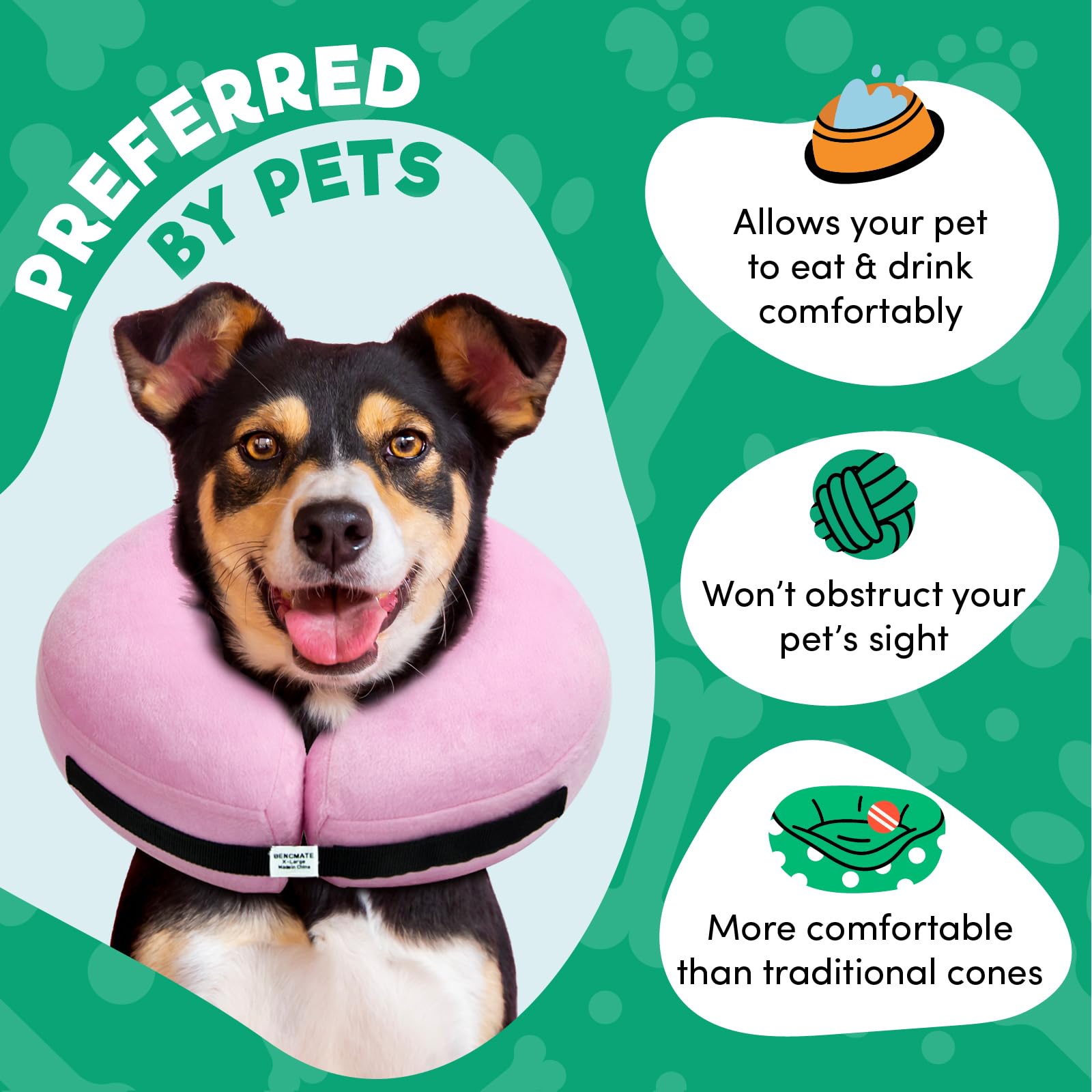 BENCMATE inflatable dog cone collar shown worn around a dog's neck.