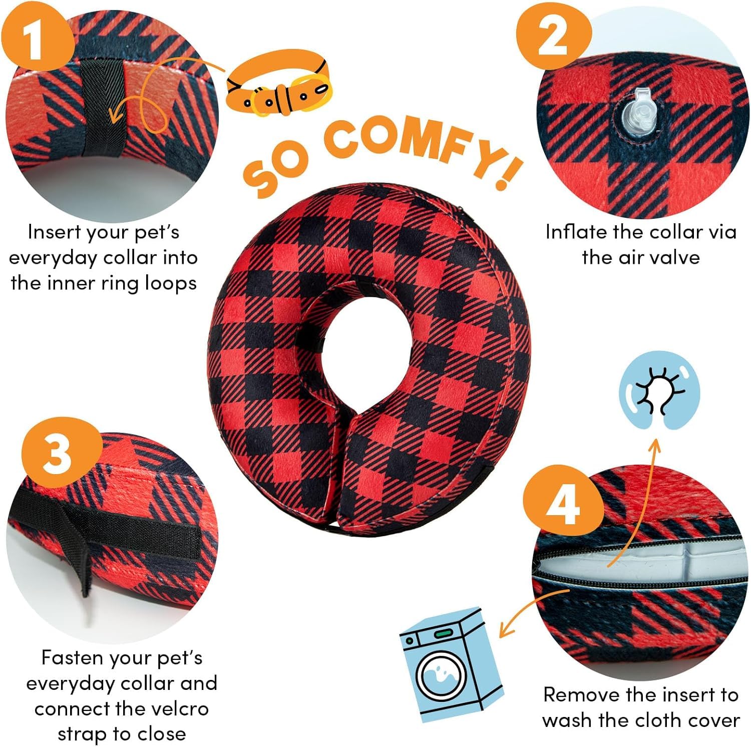BENCMATE inflatable dog cone collar alternative showing the plaid outer fabric up close.