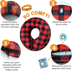 BENCMATE inflatable dog cone collar alternative showing the plaid outer fabric up close.