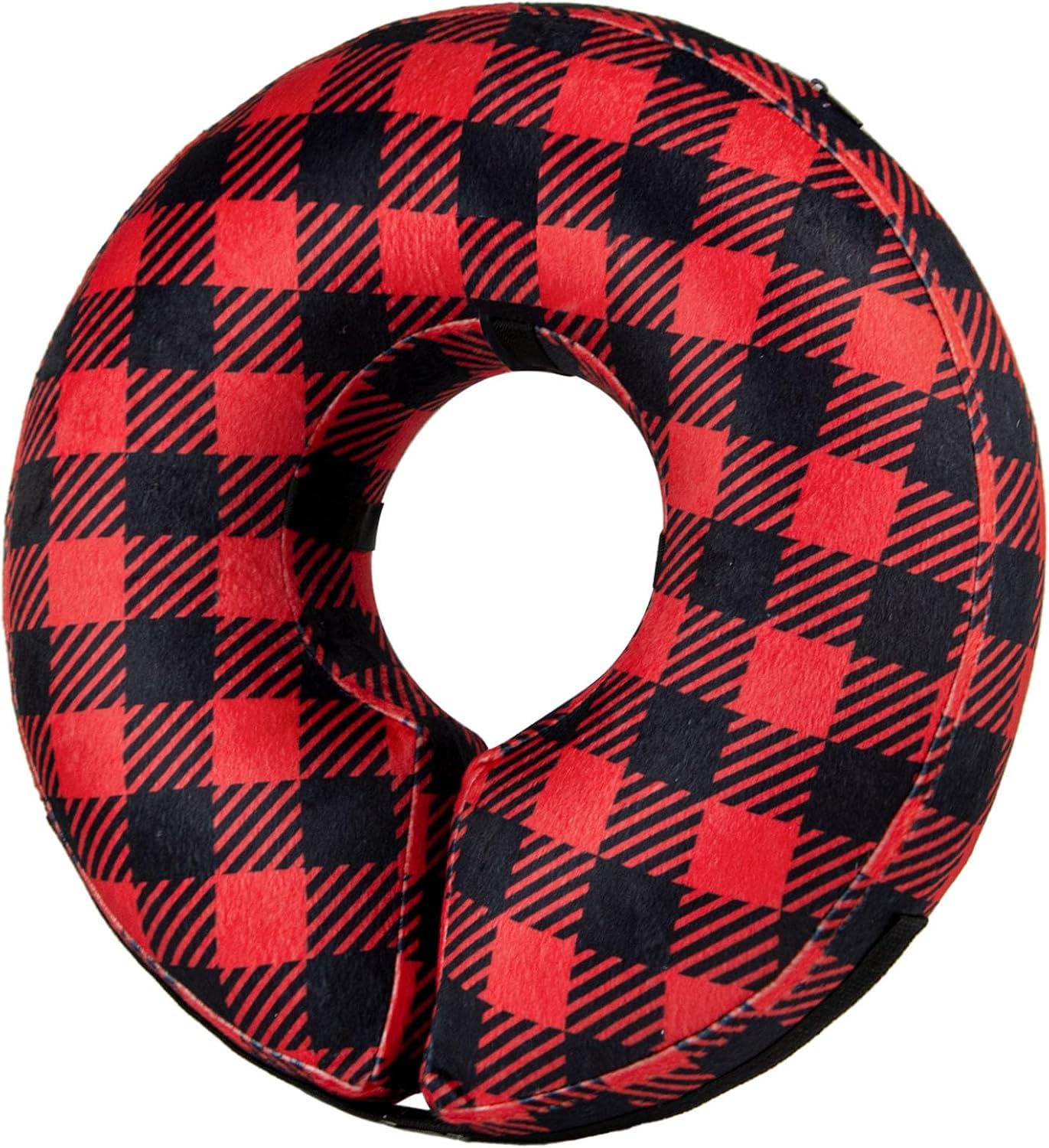 BENCMATE inflatable dog cone collar alternative in plaid, shown from the front.