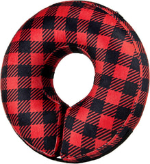 BENCMATE inflatable dog cone collar alternative in plaid, shown from the front.