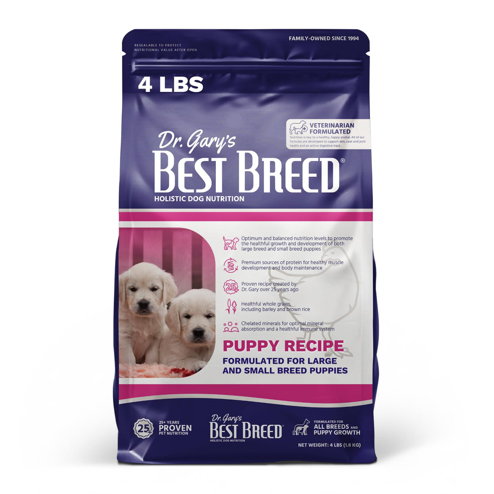 Best Breed puppy food shown in its 4 lb bag from the front.