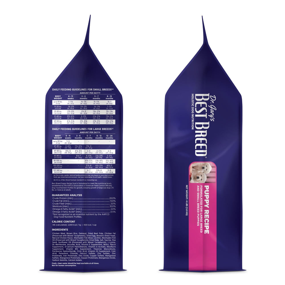 Best Breed puppy food package shown from the back.