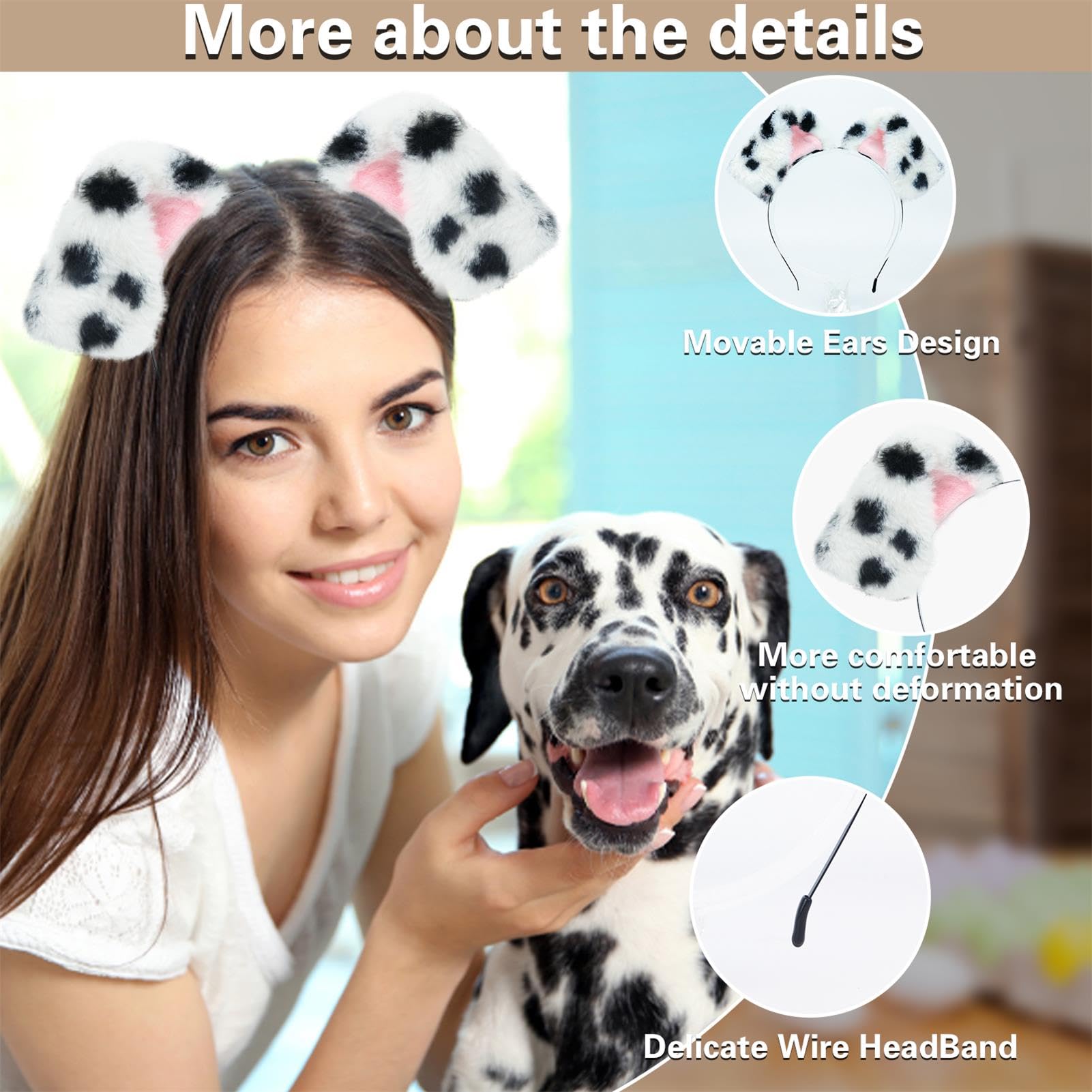 Beviliu Dalmatian dog ear headband close-up showing its fluffy artificial rabbit hair.