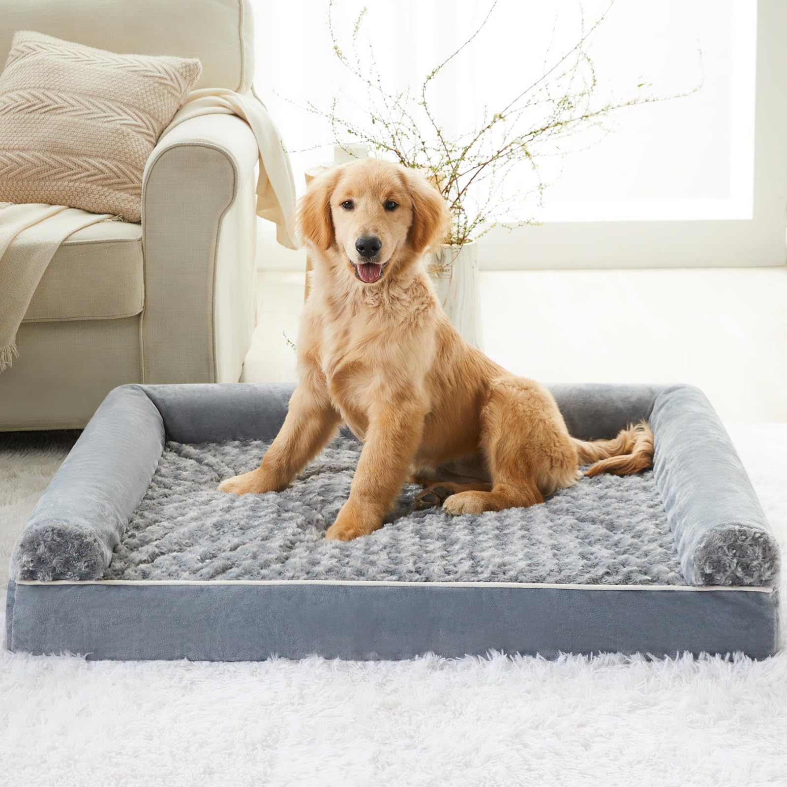 BFPETHOME orthopedic dog bed shown from a side angle with its bolstered edges.
