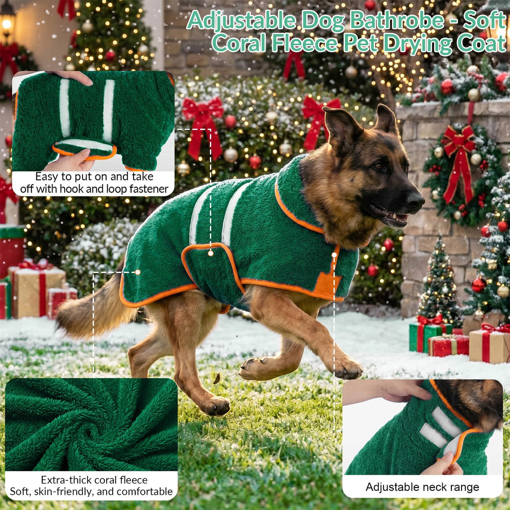 Bienbee dog bathrobe shown being worn by a dog.