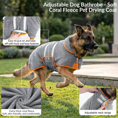 A dog wearing the grey Bienbee Dog Bathrobe after a bath.