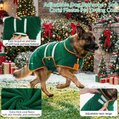 Bienbee dog bathrobe shown being worn by a dog.